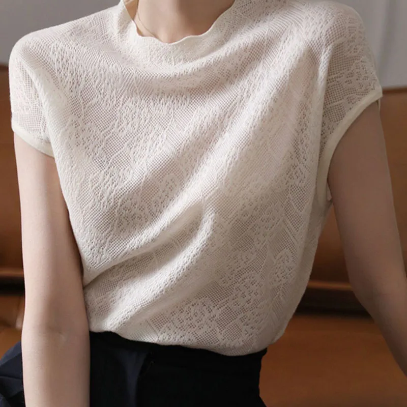 

Half High Round Neck Korean Style Lace Top Women'S Summer Thin Temperament Jacquard Hollow Solid Color Short-Sleeved Sweater