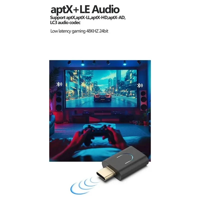 Фото Совместимый с Auracast Bluetooth 5.4 аудиопередатчик с Aptx-Adaptive Type-C, беспроводной стереоадаптер для музыки для ПК/ноутбука/PS4/5 №5