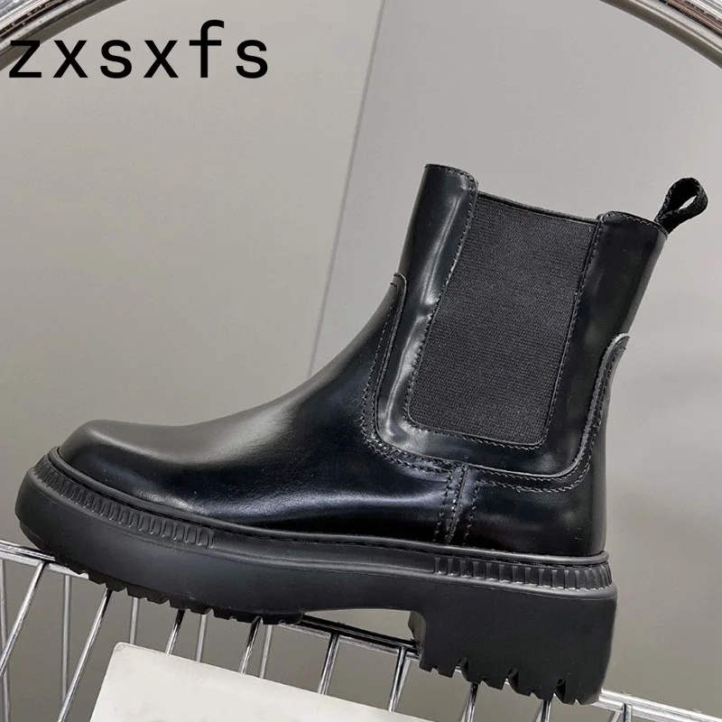 

Женские ботинки челси из натуральной кожи, зимние ботинки на толстой подошве, до середины икры, в западном стиле, эластичные короткие сапоги, 2022