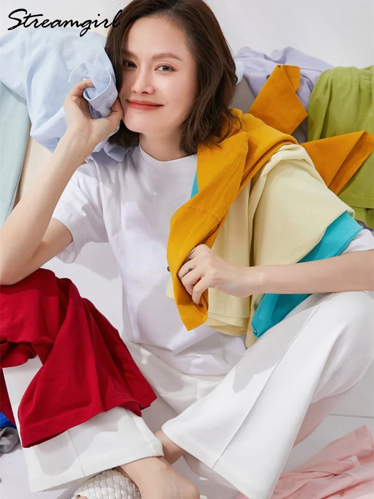 

100% Cotton T Shirt Women Basic Women's Clothing Summer 2022 Black Tees Shirt Short Sleeve Solid Loose T-shirts For Women