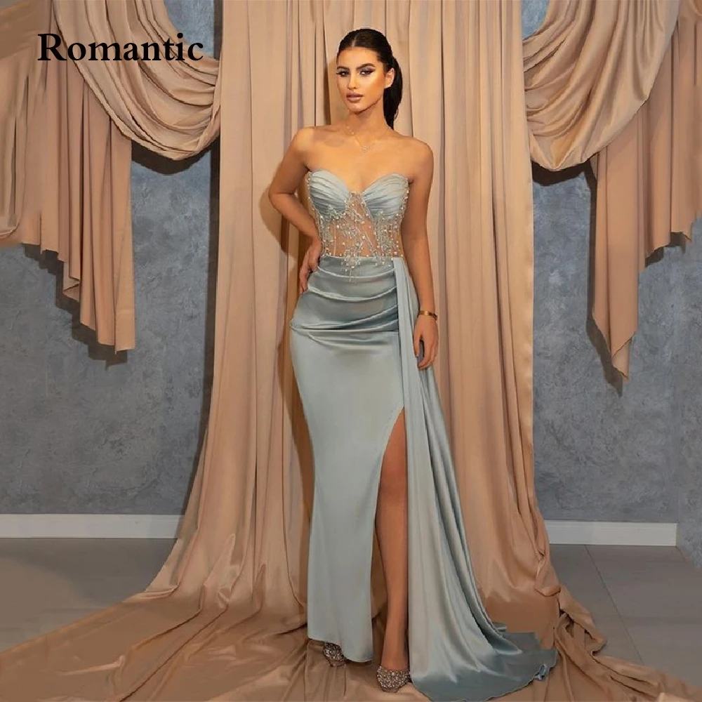 

Romantic A Line Evening Dress Satin Slik Sweetheart With Beads Sweep Train Long Vestido de festa Saudi Arabia Leg Slit For Women