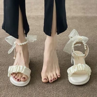 white black high heels sandals women summer 2022 new pearl thick heeled roman sandales zapatos de mujer tacon medio elegantes