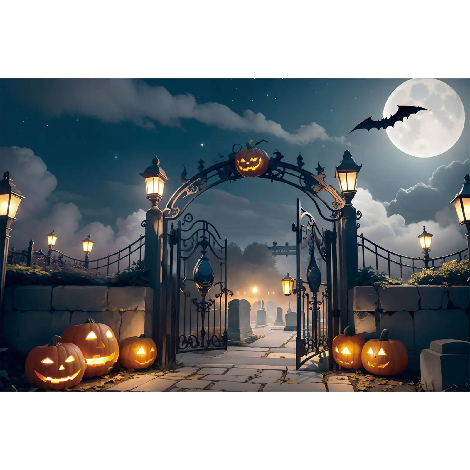 

MOON.QG Photography Backdrop Halloween Cemetery Arch Gate Clouds Moon Night Photo Background Custom Child Party Photoshoot Props