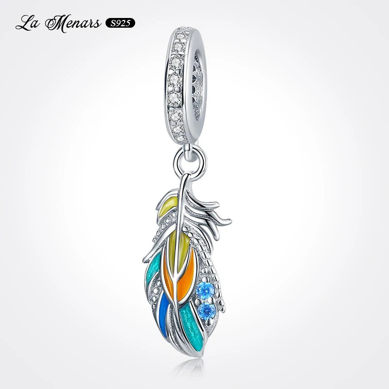 

La Menars 925 Sterling Silver Lucky Colorful Feather Dangle Fit Original Brand Charm Bracelet Women Fine Jewelry DIY Making