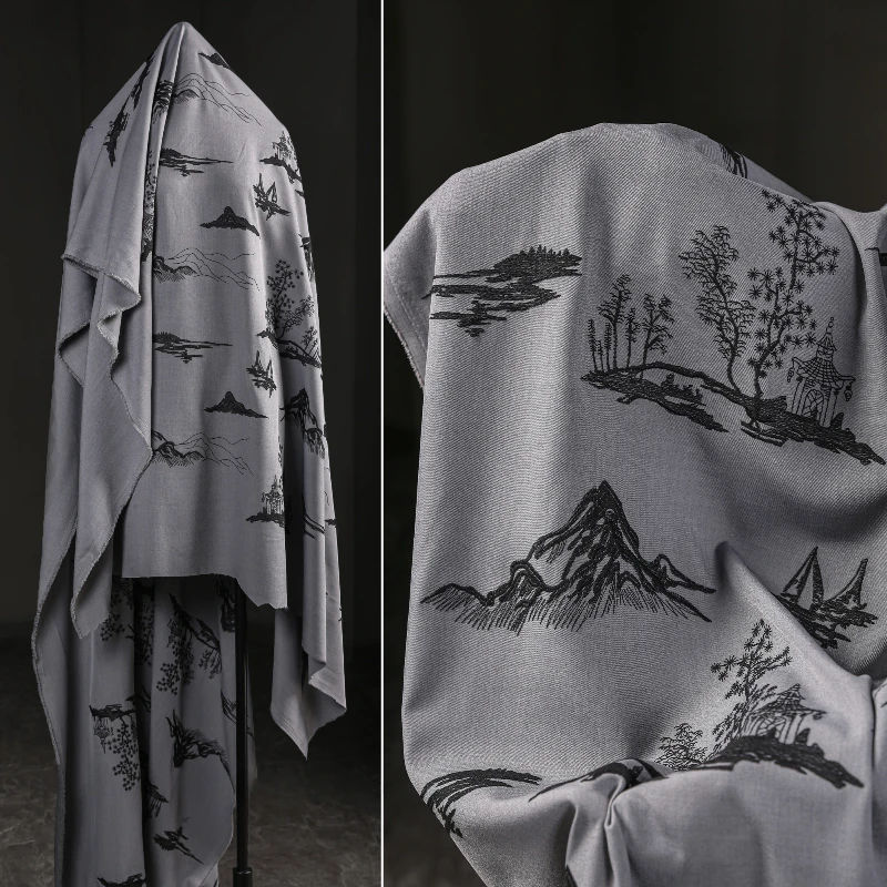 Пессенция пейзажная вышивка ткань для костюма серая нижняя часть черная линия