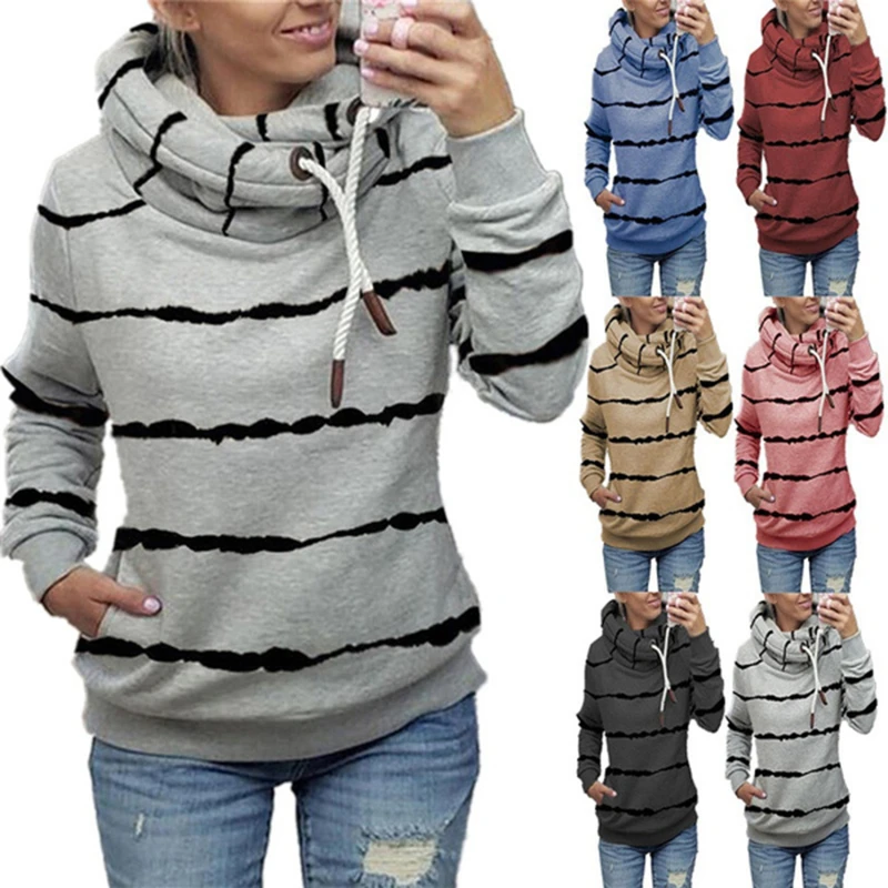 

Women Hooded Sweatshirt Autumn Winter Warm Jacket Casual Women's Loose Long Sleeve Stripe Print Hooded Sweatshirt Fluff Sweater