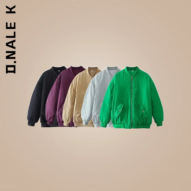 

D.Nale K Women Fashion O-Neck Long Sleeves Bomber Jackets Coat With Pockets Front Zipper Vintage Female Chic Outwears