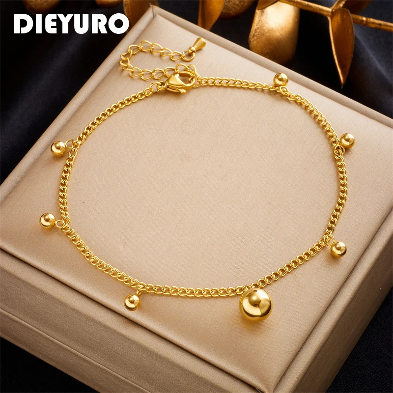 

DIEYURO 316L Stainless Steel Gold Color Round Beads Charm Anklets For Women Girl New Trend Leg Chain Jewelry Gift Party Bijoux