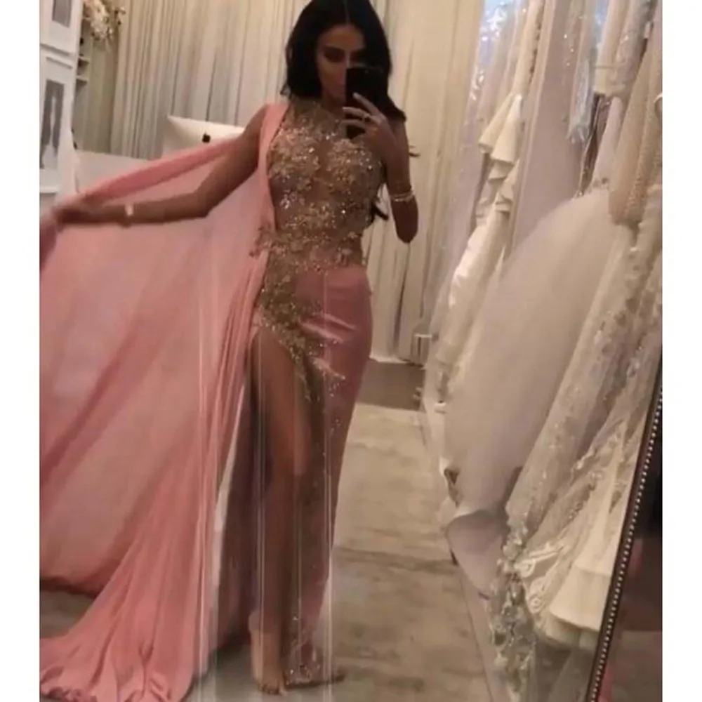 

New Design Pink Evening Dresses Beads Robe De Soiree Applique Prom Gowns One Shoulder abendkleider abiye Formal Dress Slit