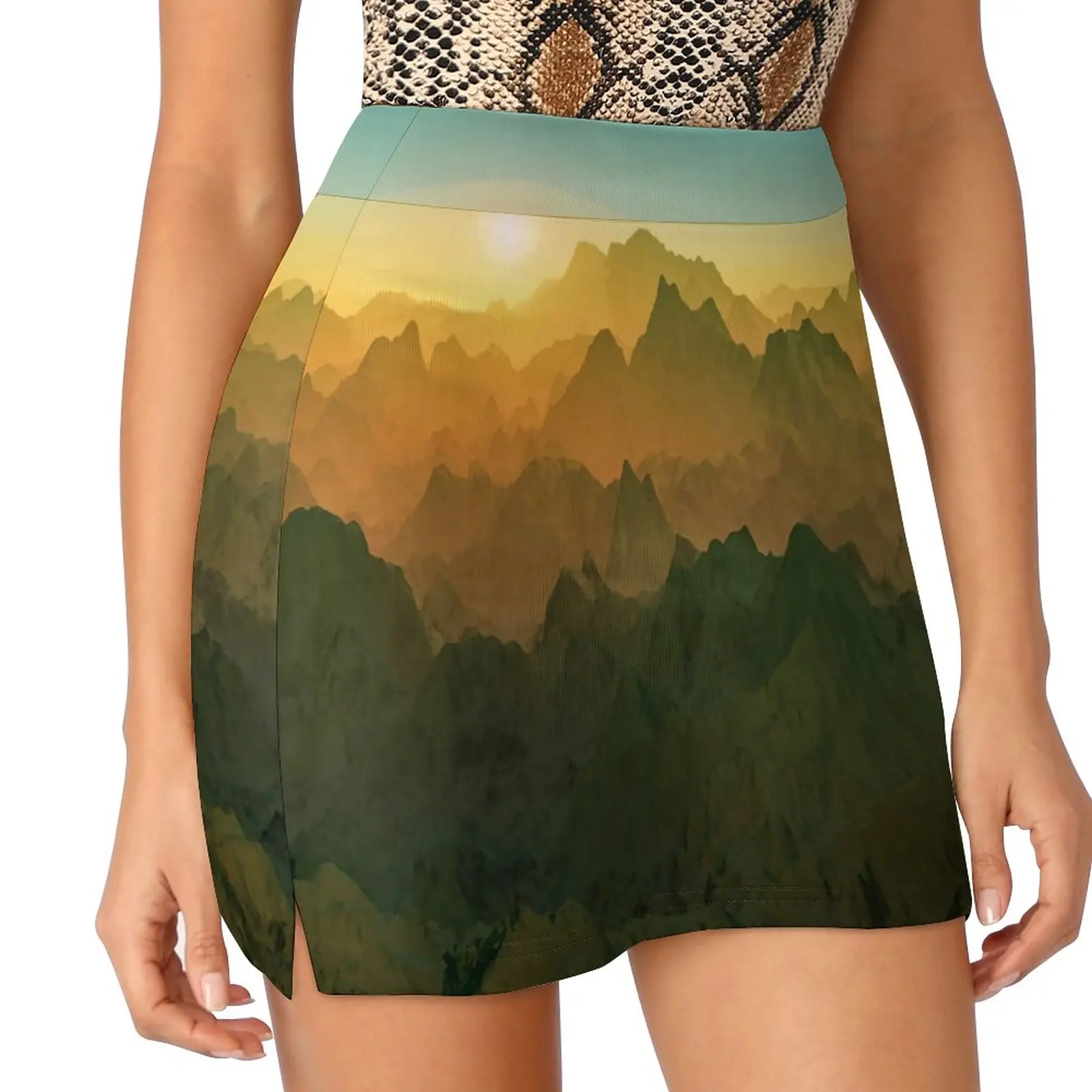 

Elegant Mountains Skirt Female Sunset Print Kawaii Mini Skirts Summer Fashion High Waist Trendy Big Size Casual A-line Skirt