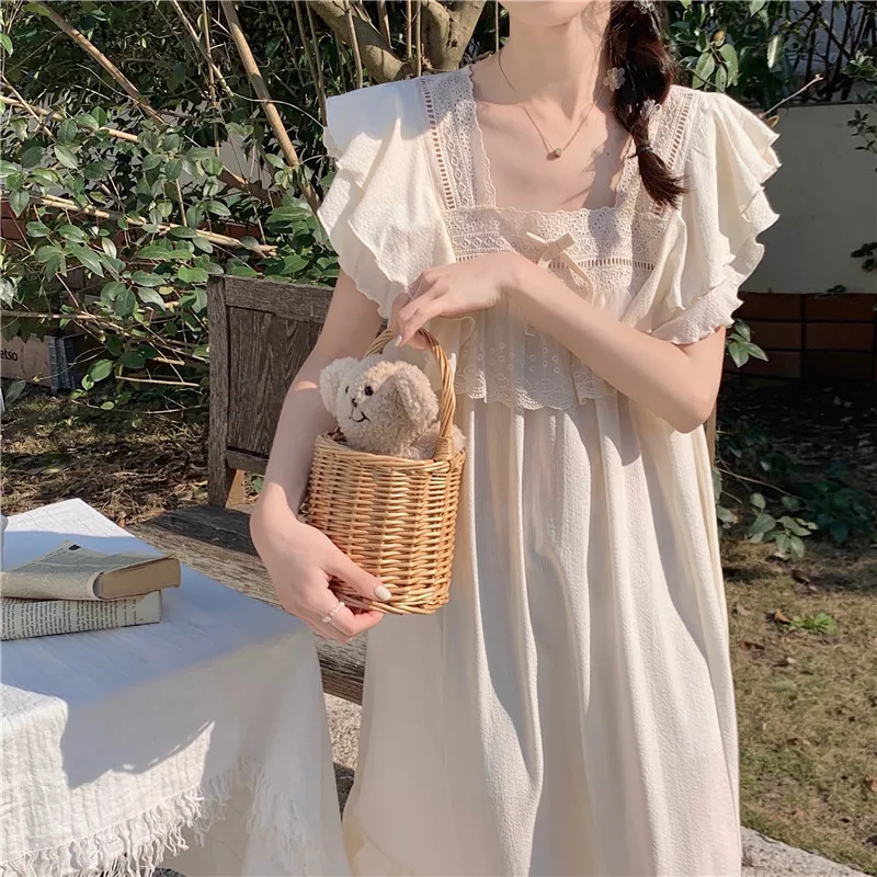 New Summer Korean Women Pajama Sweet Lace Ladies Ruffle Fly Sleeve Cute Casual Comfortable Loungewear Pajamas Long Dress