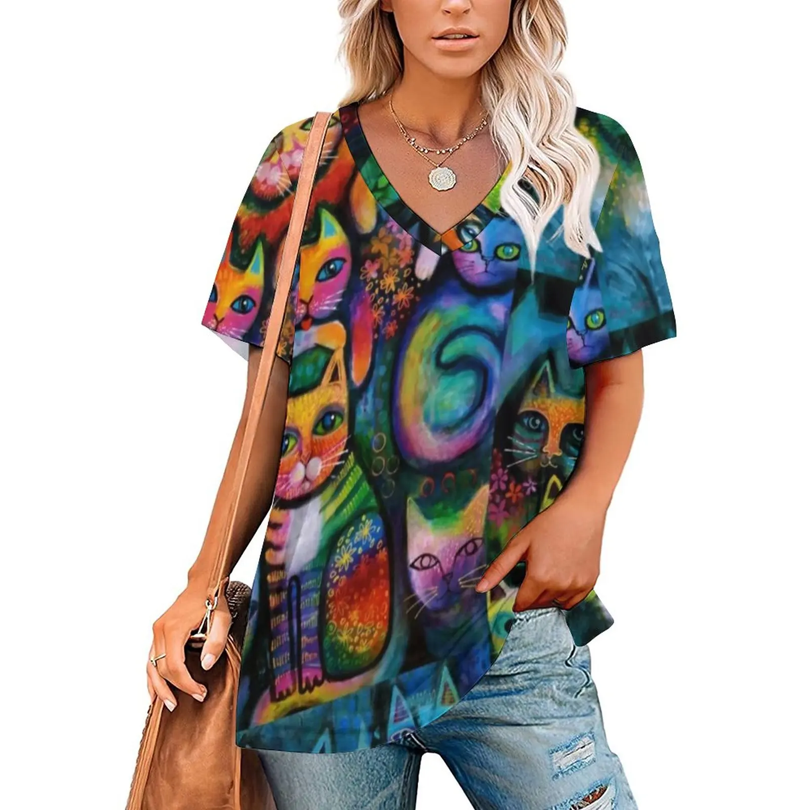

Abstract Cat T-Shirts Rainbow Cats Acrylics V Neck Basic Oversize T Shirt Short Sleeves Women Funny Tee Shirt Beach Graphic Tees
