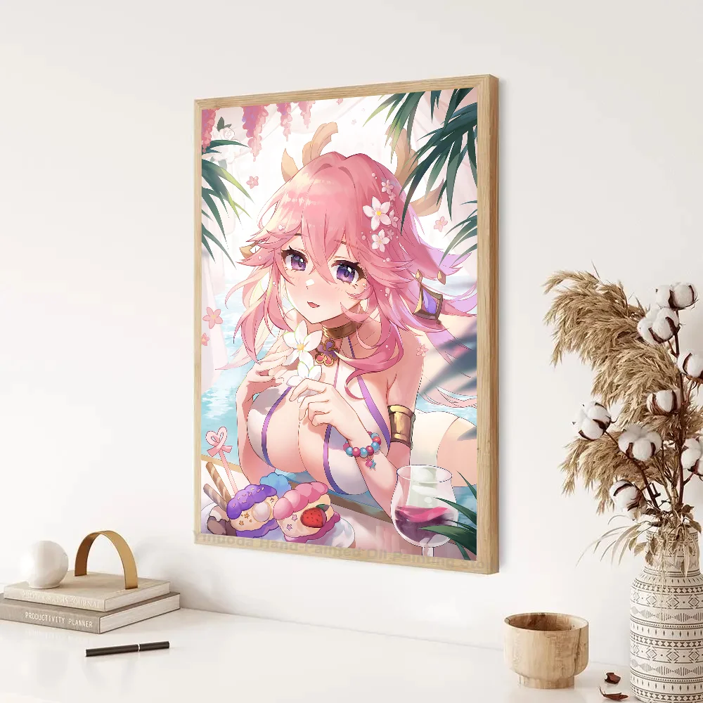 Игра аниме Genshin Impact Yae Miko постеры наклейки для гостиной спальни входа кафе