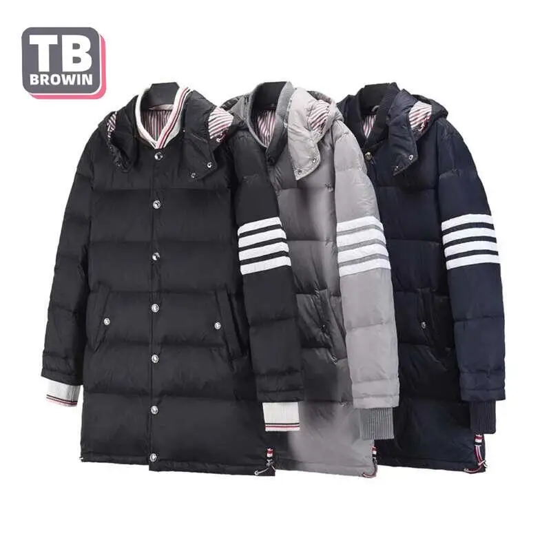 

Tb Browin Men's Luxury Down Jacket Thom Leisure Hooded Four Bar Stripes Winter Gray Duck Padding With Warm Windproof Breathable