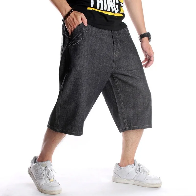 Summer Men's Wide Leg Denim Shorts Loose Straight Skating Pants Embroidered Hip Hop Shorts Mid Pants Jeans Plus Size