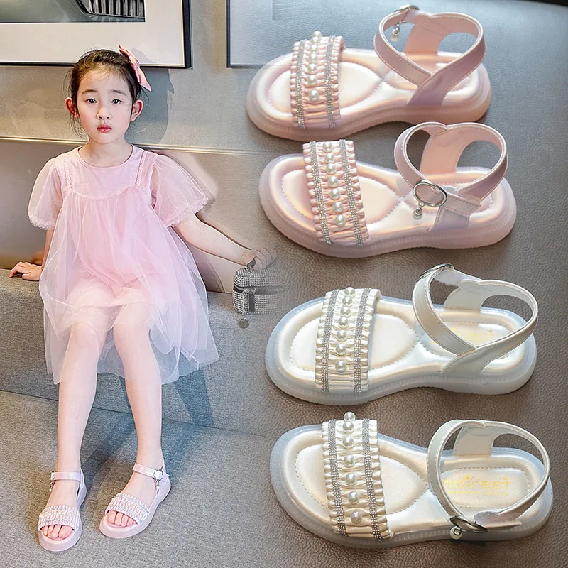 26-36 Summer Girls Pink Sandals Soft Sole Baby Pearl Princess Shoes for Kids Girls Beach Shoes Open Toe Sandals for Girls tenis