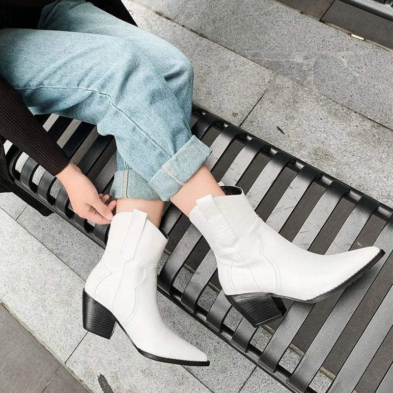 

2022 Pointed Toe Western Cowgirl Boots Chelsea Ankle Boots Women Cossacks Cowboy Booties Wedges Shoes Female Botas Mujer 33-45
