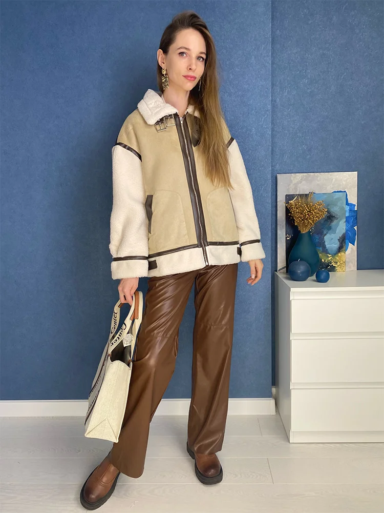 MOLAN Woman Warm Overcoat Winter Fashion New Leather Patchwork Loose Long Sleeve Locomotive Coat Zipper Female Chic Outwear Top