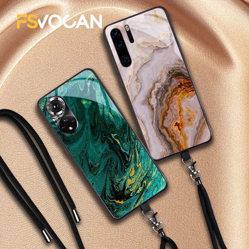 Мраморный чехол с ремешком для телефона Honor 50 10X 10 10i 8X 9X Huawei P30 P40 P20 Lite E Pro Mate 20 30 Plus