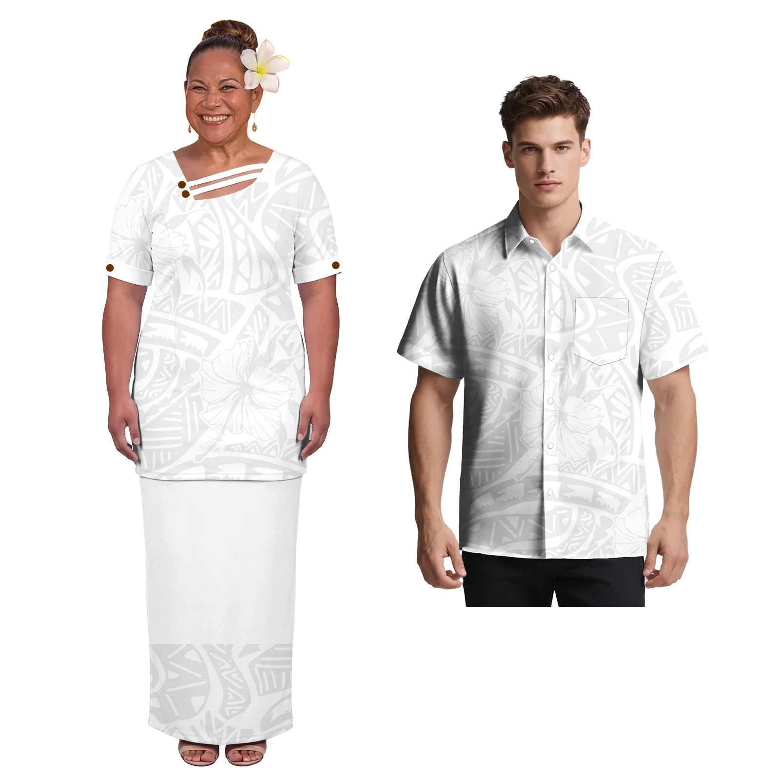 Фото Парные наряды для влюбленных: Самоанские полинезийские женские пулетаси (комплект из 2 предметов) и гавайские мужские пляжные рубашки с карманами, белые, для воскресных прогулок. №4