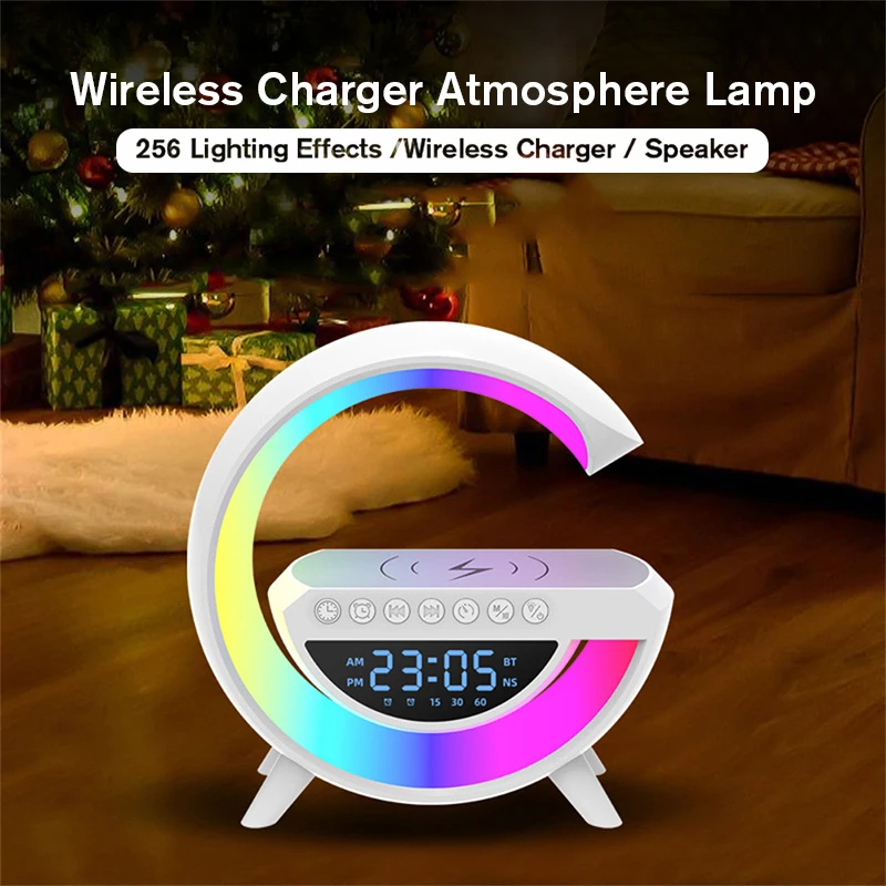 

Умный Bluetooth динамик RGB Аудио светильник с часами будильник Беспроводная зарядка красочная атмосфера Светодиодная лампа подарок на день рождения
