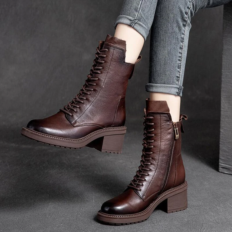 2023 High Top Cow Leather Quality Women Shoes Autumn Winter Square Med Heel Ankle Boots Lace Up Zipper Ladies Warm Cotton Boots