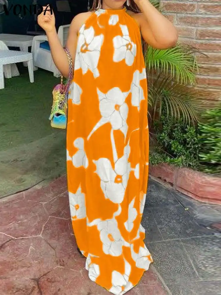 

VONDA Bohemian Casual Sleeveless Holiday Vestido Summer Pleated Slip Party Robe Halter Maxi Dress Women Floral Printed Sundress