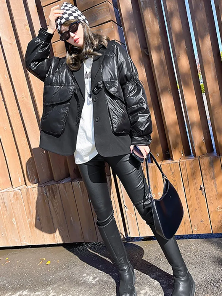 Женская зимняя парка из искусственной кожи с карманами