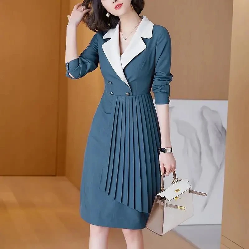 

Женское облегающее платье с рисунком, Элегантное синее платье средней длины с длинными рукавами и плиссировкой на талии, осень 2022