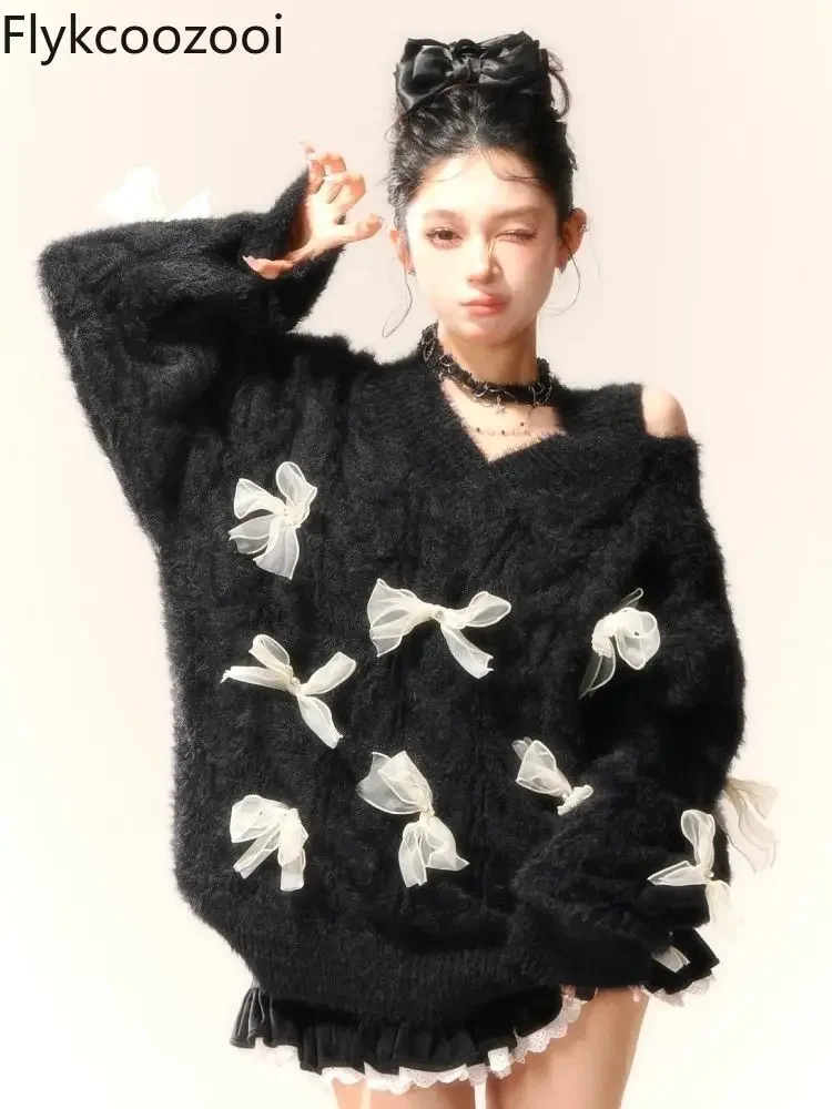 Женский трикотажный Свитер с бантом свободный оригинальный большого размера для