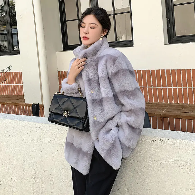Winter New Loose Long Faux Fur Coat Women Solid Stand Collar Thick Warm Fluffy Jacket Female Clothing Korean Fashion Tops Parkas