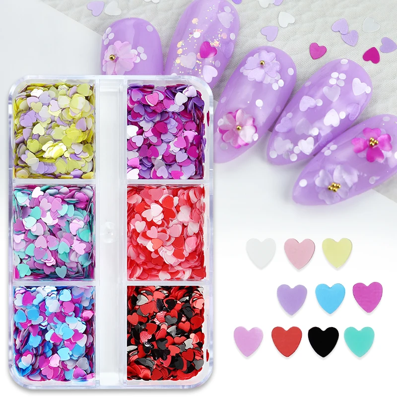 6 сеток, смешанные сердечки для ногтей, блестки, украшения на День святого Валентина, черные, красные блестящие хлопья для гель-лака, принадлежности для ногтей