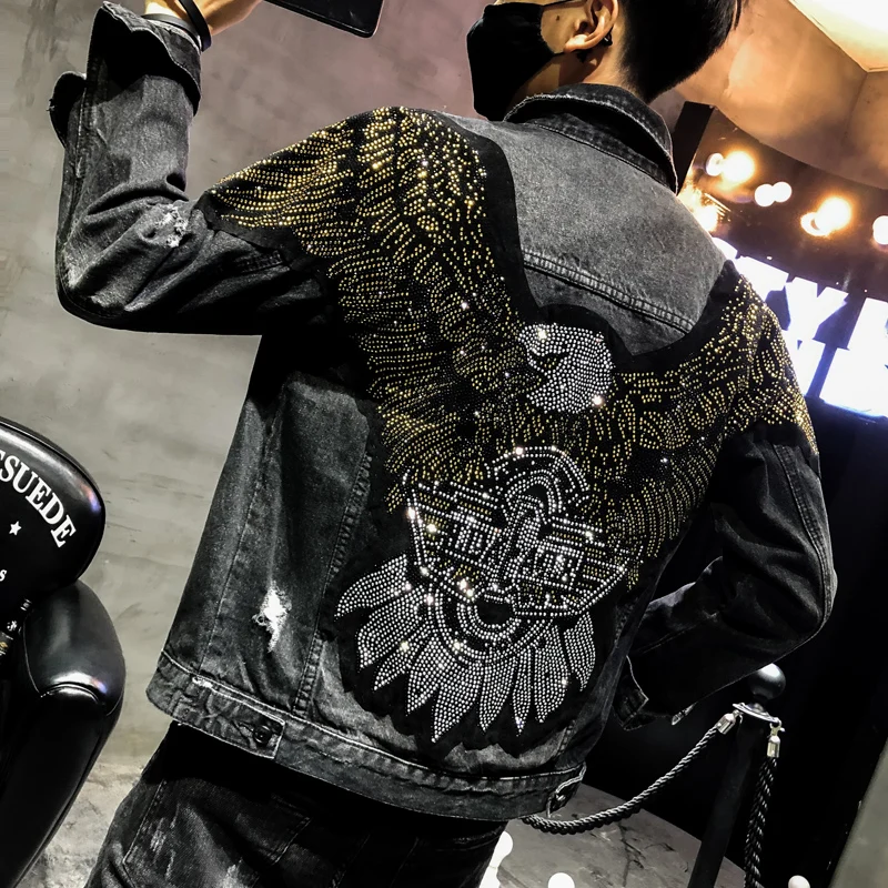 YASUGUOJI New 2022 Punk Style Fashion Eagle Embroidered Patch Jean Jacket Men Denim Jackets Streetwear Slim Black Jacket Men