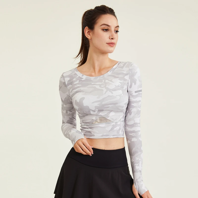 Women Camouflage Yoga Shirt Mesh Breathable Back Tops Running Long Sleeve Blouse Workout Gym Tie Dye T-Shirt With Thumb Holes