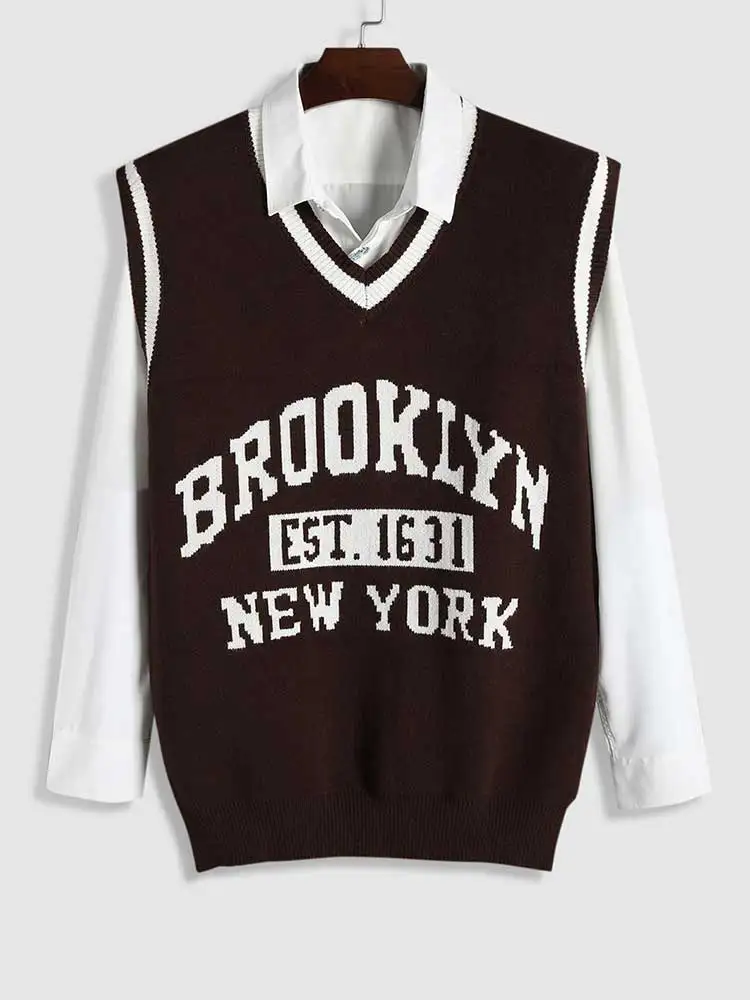 ZAFUL Sweater Vest for Men Letter Cricket Sleeveless Sweater Autumn Winter V-Neck Streetwear Unisex Pullover Vest for Matching