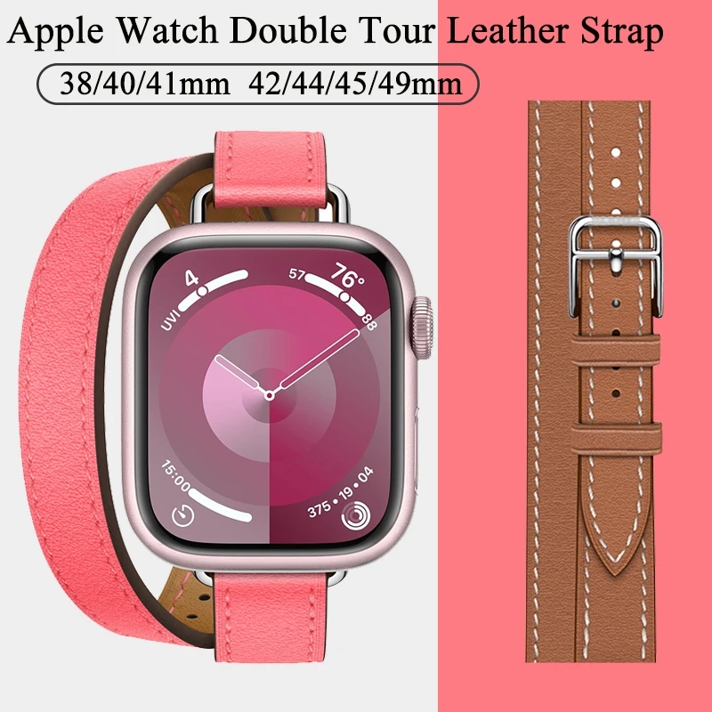 

Double Tour leather Strap For Apple Watch ultra 2 band Ultra 49mm 45mm 42 44mm Series 9 8 7 6 Se 5 4 3 2 Iwatch 6 38mm 40mm 41mm