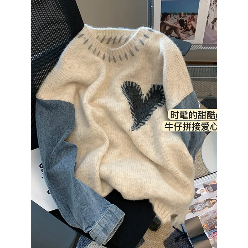 

2022 Autumn Winter New Design Women Sweaters Long Sleeve Denim Stitching Knit Pullover Japanese Sweet Jumpers