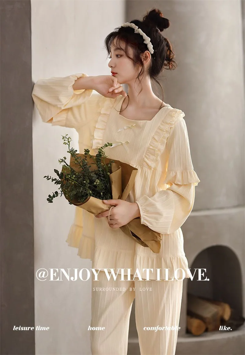 Sexy Lace Pajamas Set Sleepwear For Women Palace Princess Full-Sleeve Sweet Pyjama Women's Autumn Fashion Plus Size Homewear