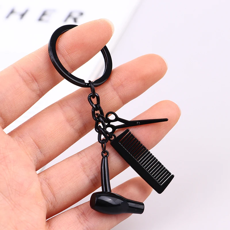Barber Shop Tools Key Ring Black Hair Dryer Scissors Comb Pendants Simulation Keychain Dresser Present Hairdresser Gifts |
