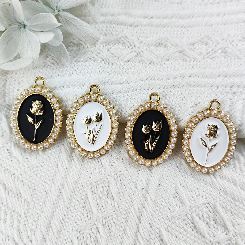 

MuhNa 10pcs High Quanlity Pearl Rose Flowers Enamel Charms Earrings Metal Pendant Fit Jewelry DIY Accessories