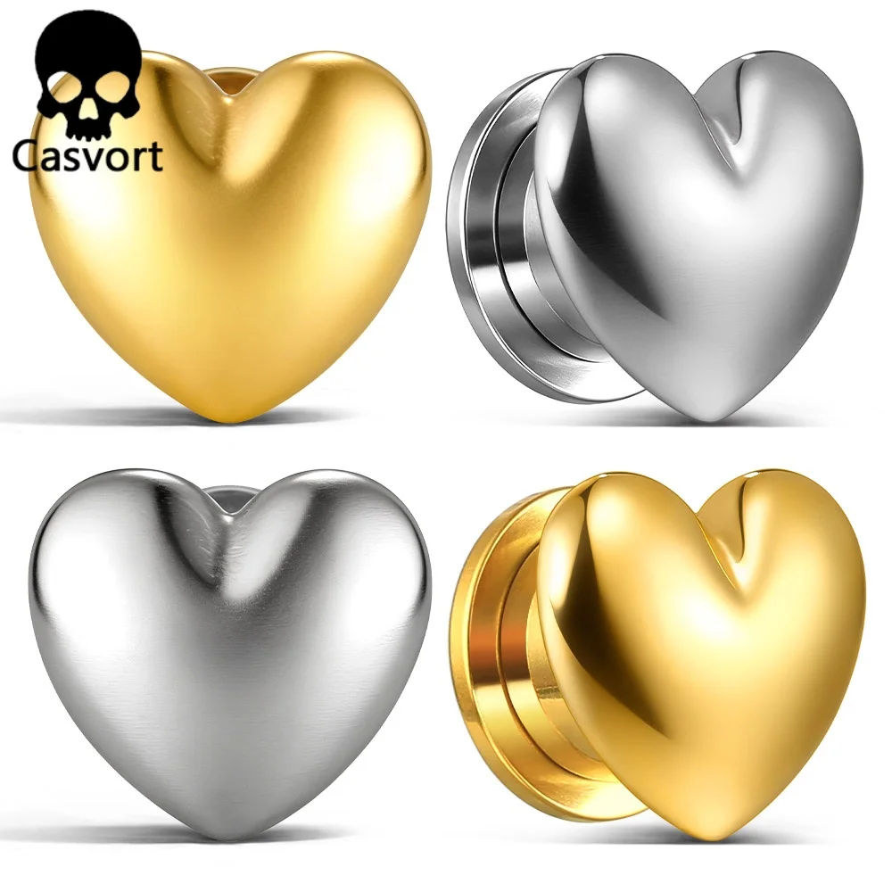 Фото Casvort 2 шт. 316L Нержавеющая сталь, милые тоннели для ушей в форме сердца, гладкие заглушки-растяжители для ушей, украшения для пирсинга тела №1