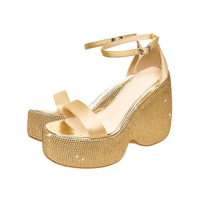 2023 New Silk Rhinestone Thick Sole Shoes Round Toe Wedges Buckle Strap Female Sandals Outdoor Party Versatile Ladies Footwear