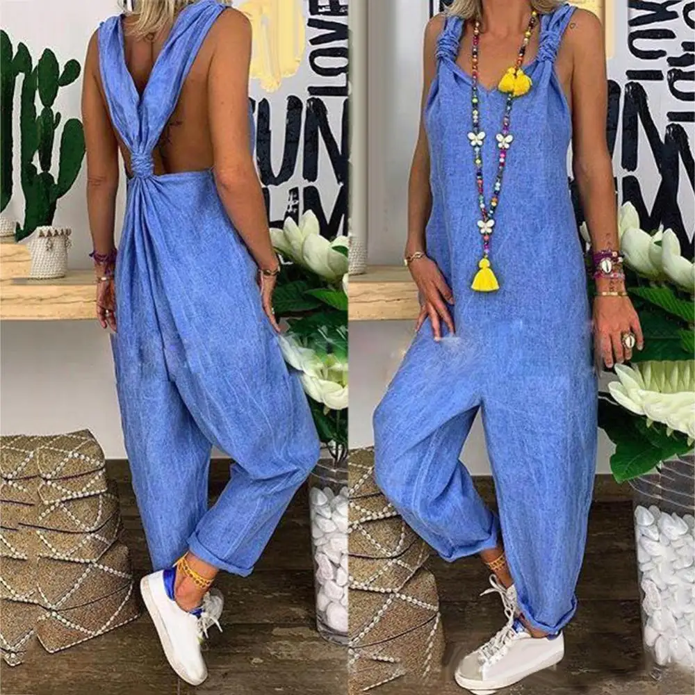 

Sexy Sleeveless Overall Summer Women Playsuit Jumpsuit Casual Dungarees Overalls Women Jumpsuit Backless Bib Knotted