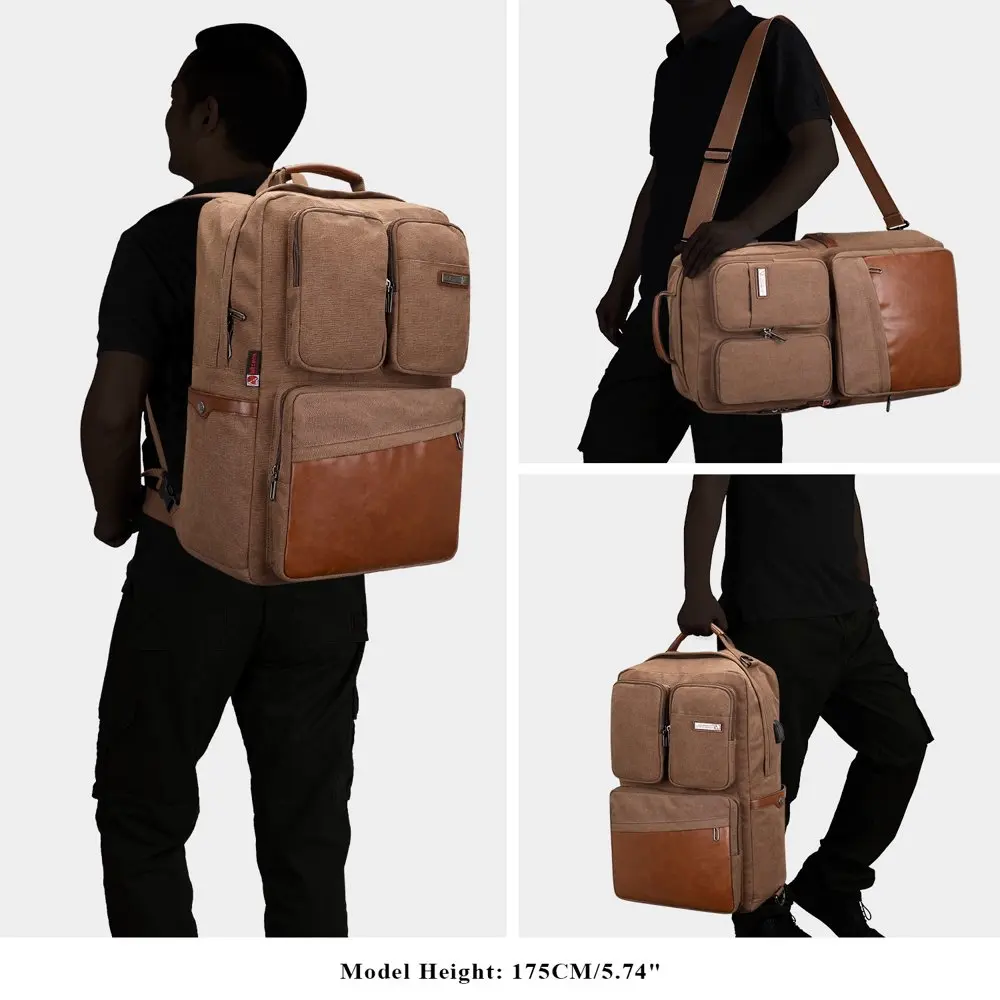 Vintage Canvas Backpack with USB Charging Port Unisex Large Luggage Bag for Travel 6617 Brown