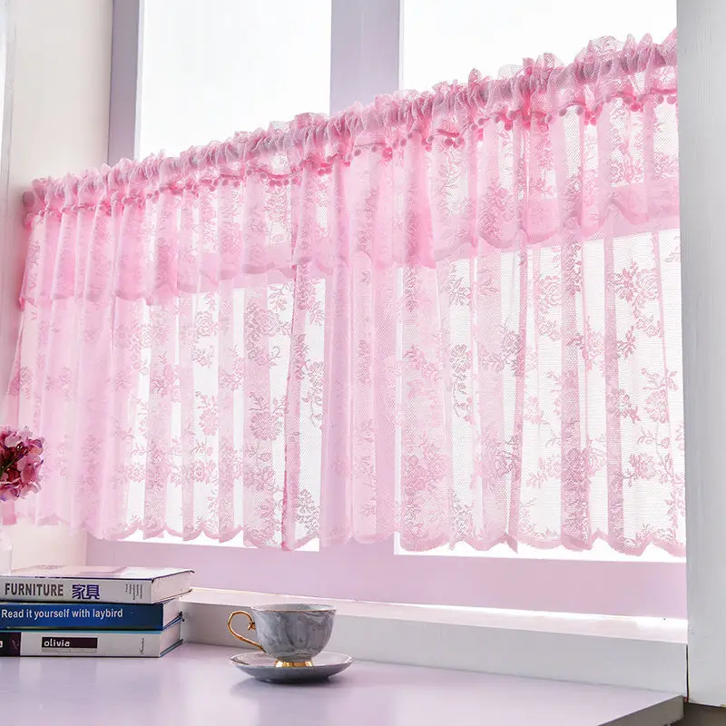 

Solid Lace Short Tulle Curtains for Kitchen Bathroom Cafe White Pink Purple Window Valance Ready Made Window Screening Decor