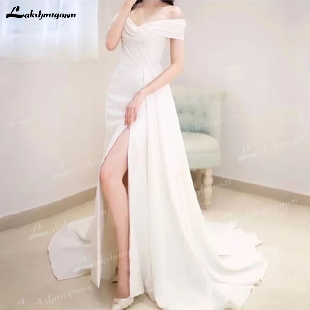 Lakshmigown Simple Satin Slit Off the Shoulder Wedding Dresses Beach Bridal Gowns vestido de novia sencillo y elegante