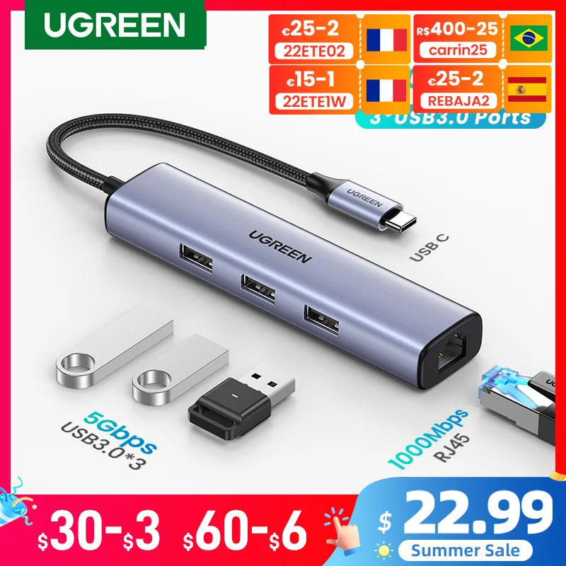 Ugreen Usb c Ethernet Hub Usb3.0 1000mbps Gigabit Placa de Rede para Computador Portátil Nintendo Switch Usb Ethernet Adaptador Usb para Rj45 Placas de rede