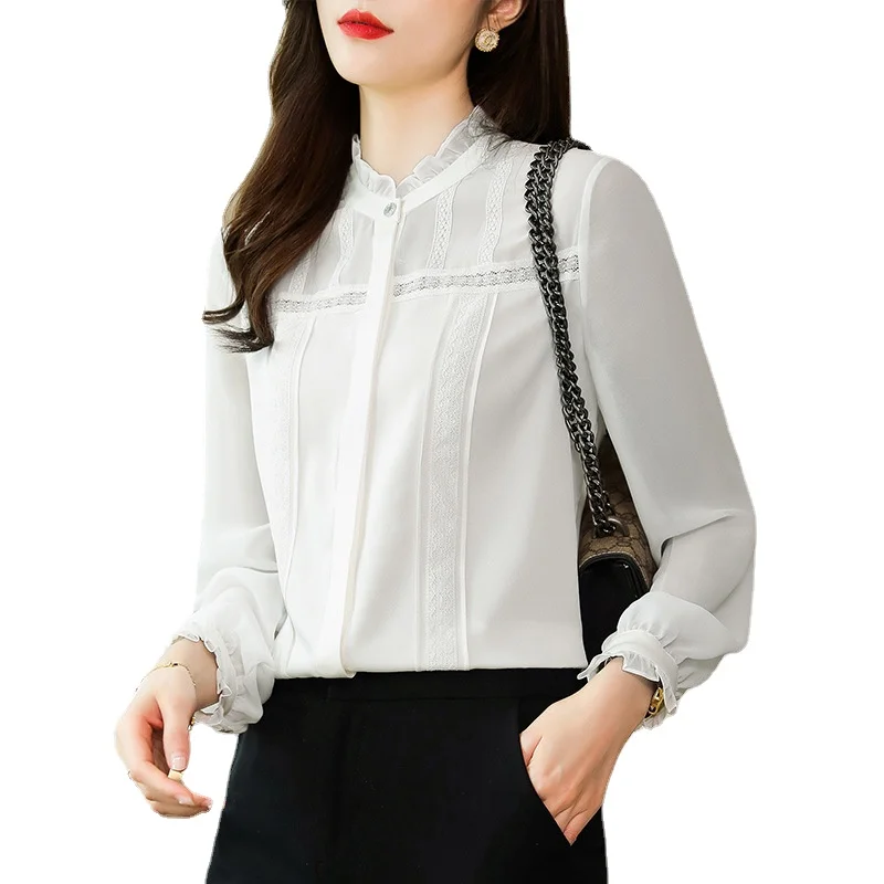 Silk Shirt Female Long Sleeve Stand Collar Shirt Half High Collar Pullover Bottomed Shirt Mulberry Silk Office Lady Women Tops