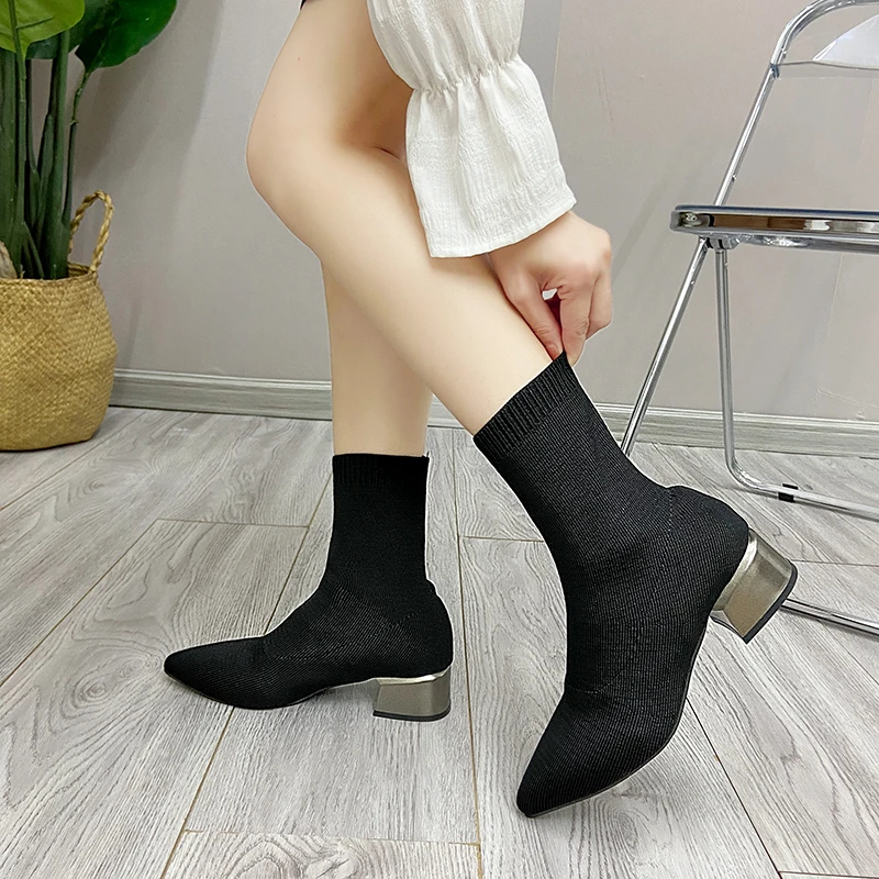 Women's Dress Pointed Mid-heeled Short Ankle Boot Female Autumn 2021 2022 Knitted Block Low Heel High Socks Boots Shoes Botines