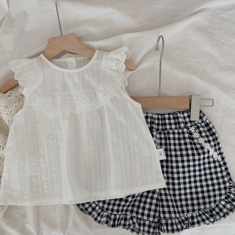 

Летний комплект детской одежды для маленьких девочек, комплект из 2 предметов, кружевной топ без рукавов + шорты, клетчатая одежда для детей